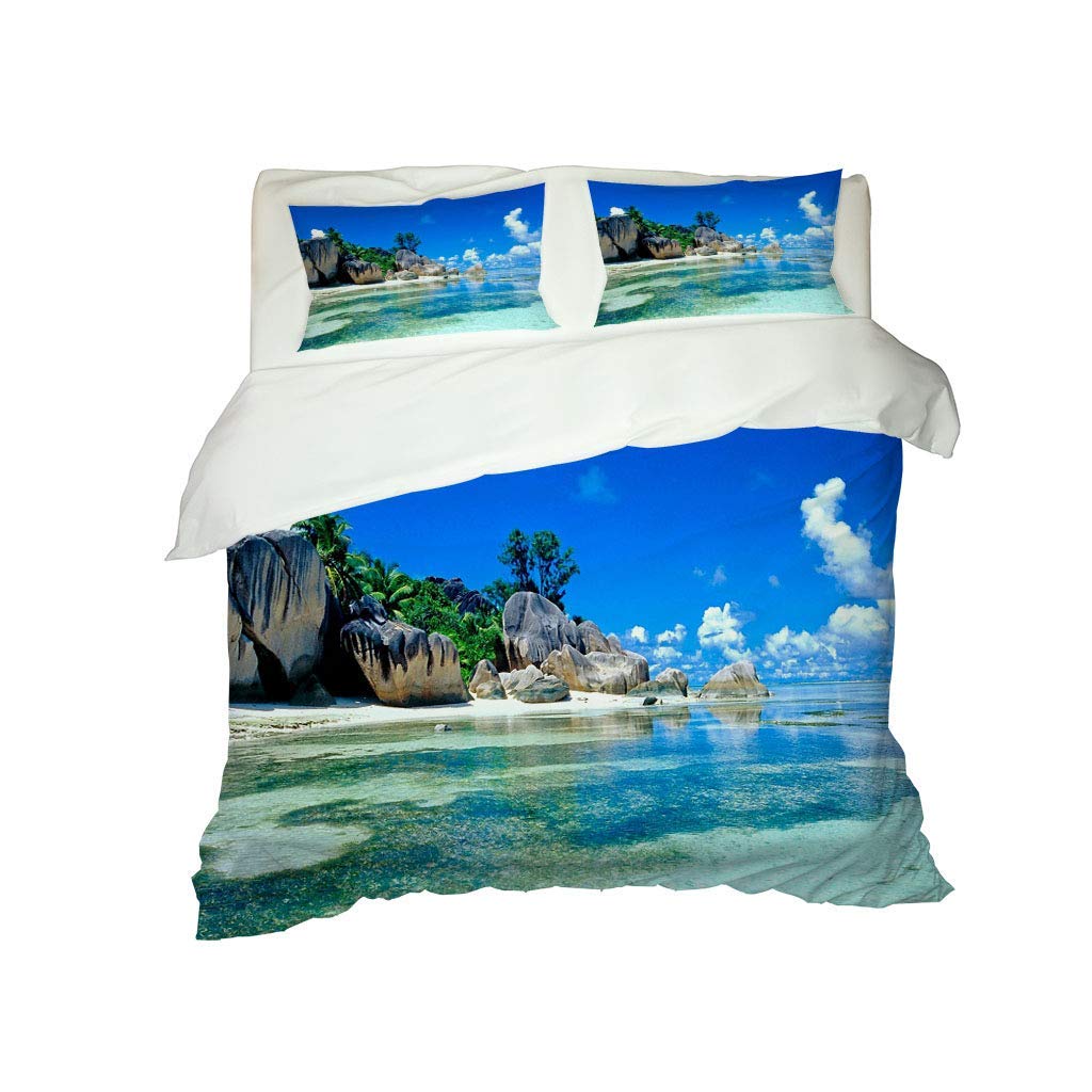 Housse de Couette 240x260 cm Parure de Lit 3D Imprimé Beau Paysage de Bord de mer avec Fermeture Éclair Microfibre Parure Housse Couette avec 2 Taie d'oreiller 65x65 cm