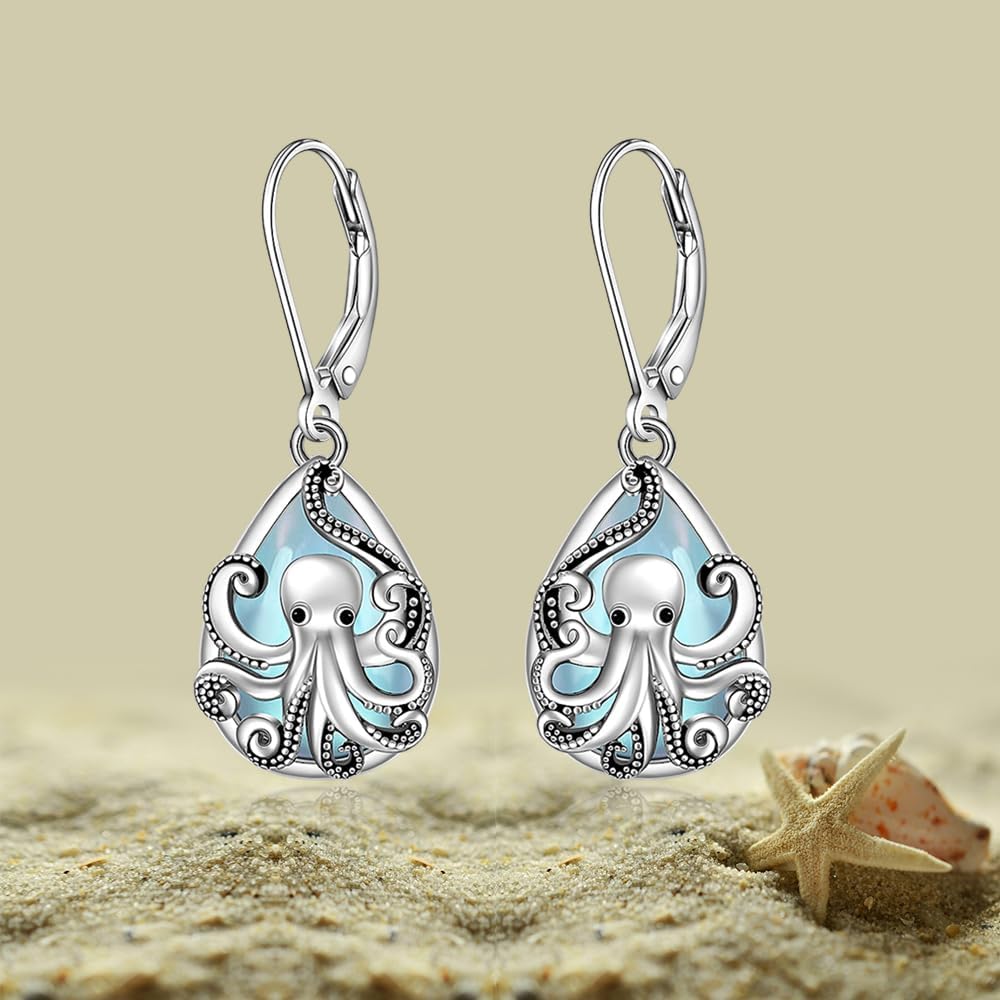 Octopus Earrings for Women Moonstone Octopus Tentacle Earrings Sterling Silver Ocean Kraken Sea Animal Drop Dangle Jewelry Charms Halloween Christmas Gifts - Image 8