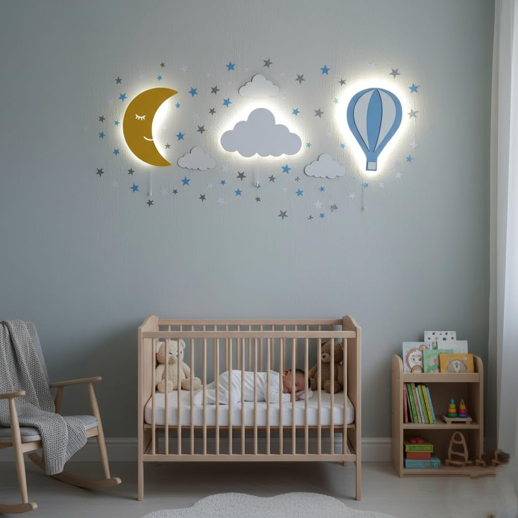 Kids Wall Light Baby Wooden LED Night Lamp Children Room Decor Set of 1 Balloon 1 Cloud 1 Moon (Multicolour)