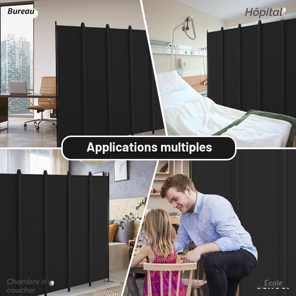 Kokorona Lot de 6 panneaux de séparation de pièce, 1,8 m de haut, pliable, pare-vue, portable, séparateur de pièce, noir, l 305 x H 183 cm