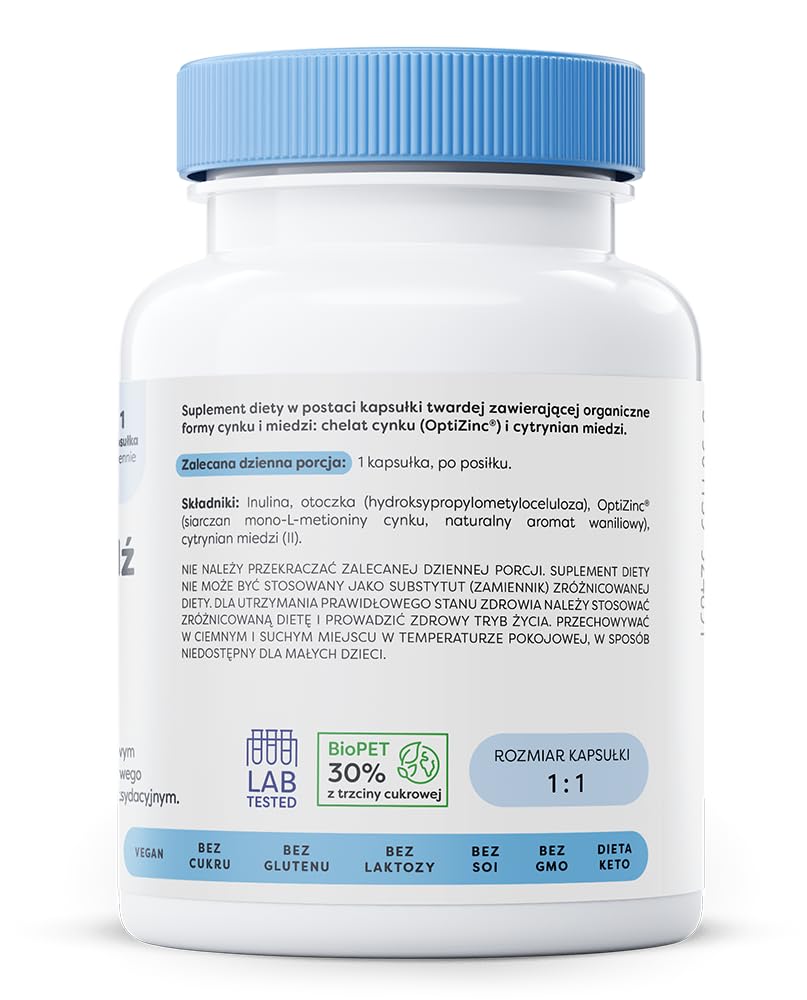 Osavi Cynk + Miedź, 15 mg + 1 mg – 60 wegańskich kapsułek | Organiczne chelaty cynku i cytrynian miedzi | Wspomaga układ odpornościowy i chroni komórki przed stresem oksydacyjnym