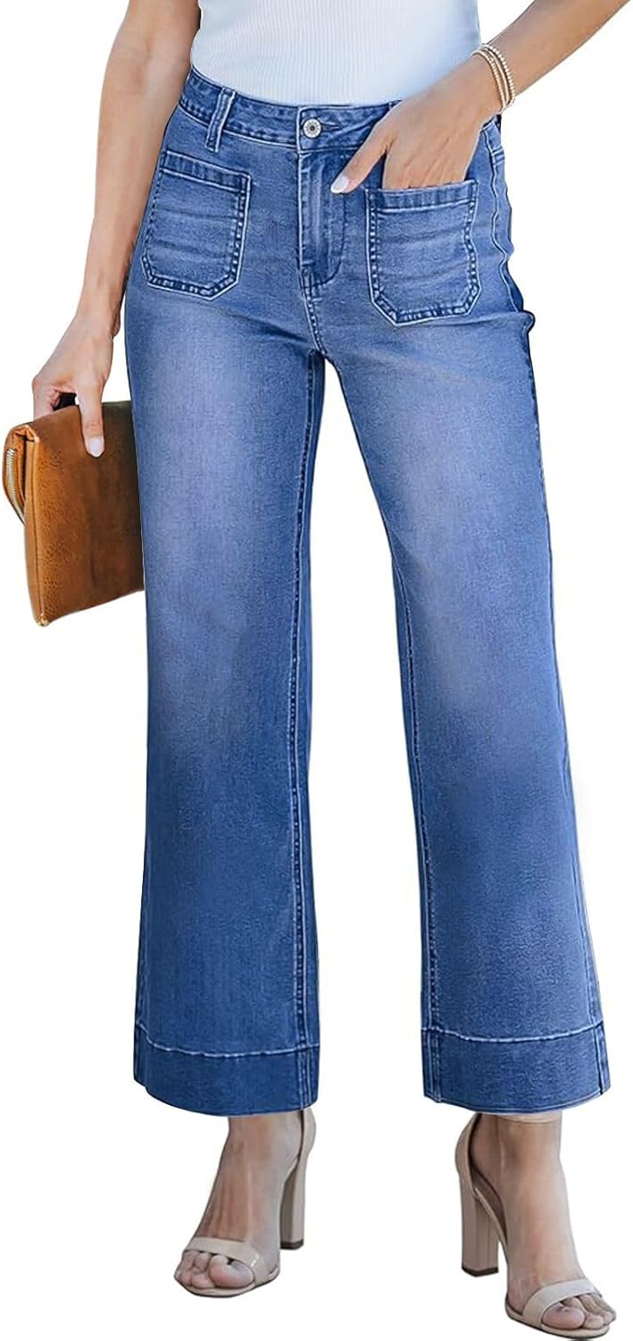 KUNMI Women's Wide Leg High Waisted Stretchy Straight Leg Jeans Baggy Loose Trendy Ankle Denim Pants