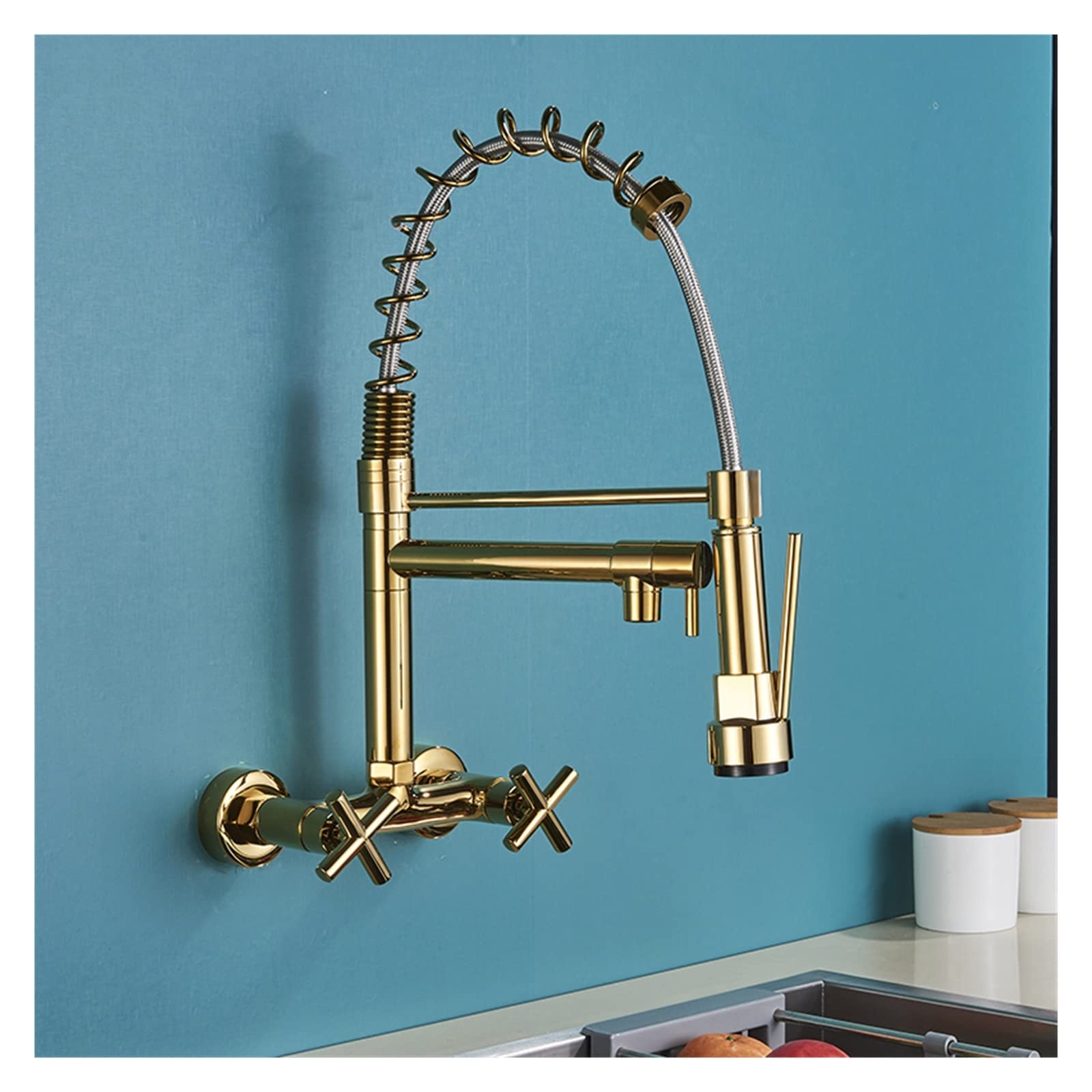 Rubinetto Cucina Torneira Cozinha Doppia Maniglia Montato Su Rubinetto A Molla Con 2 Ugelli Finitura Cromata Grifo Cocina (Color : Gold A)
