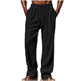Mens Cotton Linen Pants Drawstring Waist Summer Beach Pants with Pockets Loose Fit Casual Vacation Lounge Trousers