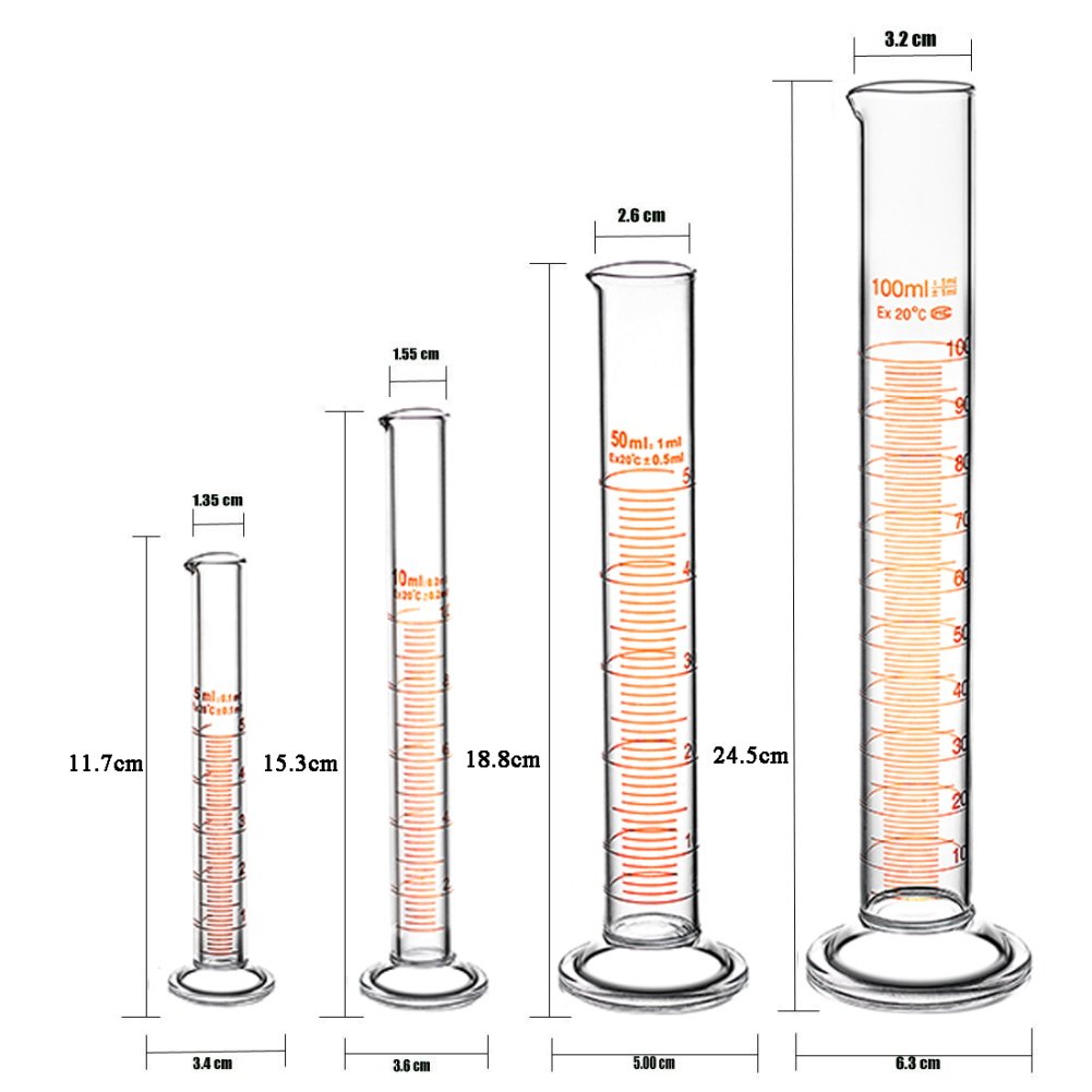 Thick Glass Graduated Measuring Cylinder Set 5ml 10ml 50ml 100ml with