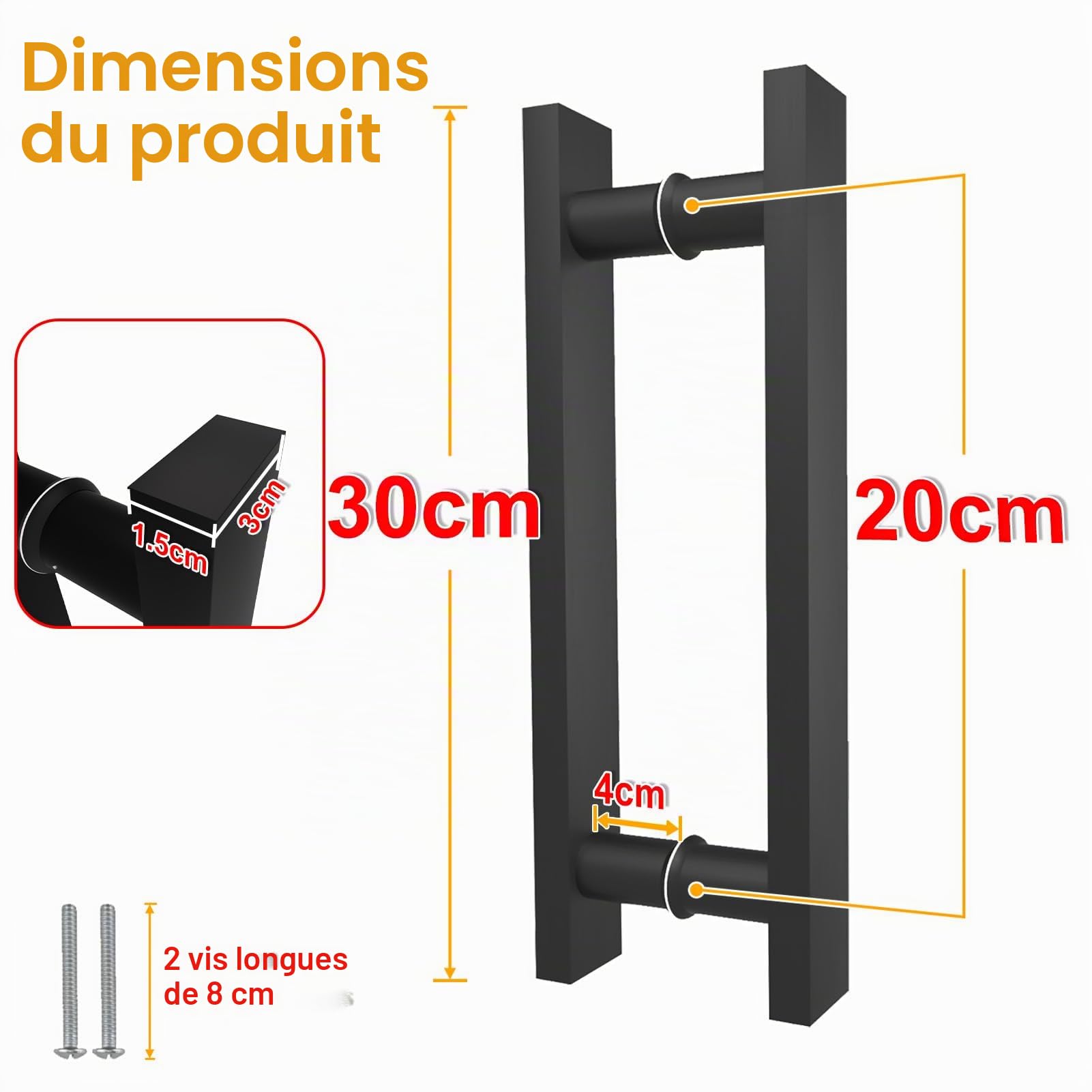 PoignéE de Porte Coulissante 30 cm, Noire Mate, CarréE, Double Face | Acier Inoxydable 304 Robuste, Entraxe 20 cm, Pour Portes de Grange, D’EntréE, Coulissantes et ExtéRieures de 2-5 cm