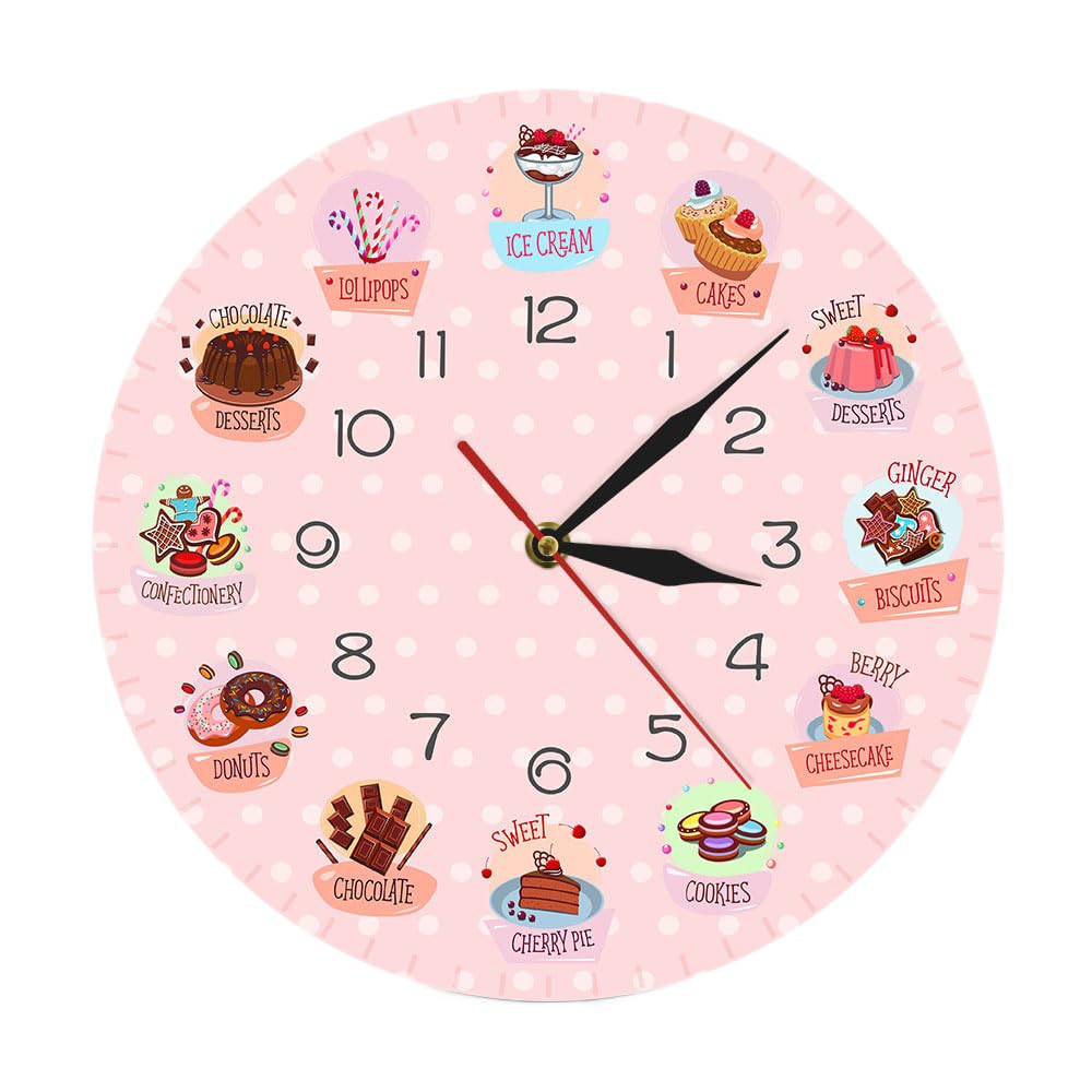 Reloj De Pared Rosa con Diseño De Postre De Dibujos Animados, Reloj De Pared De Cuarzo Decorativo, Silencioso Y Creativo, Ideal para La Decoración De Paredes Y Fondos De Salas De 30cm