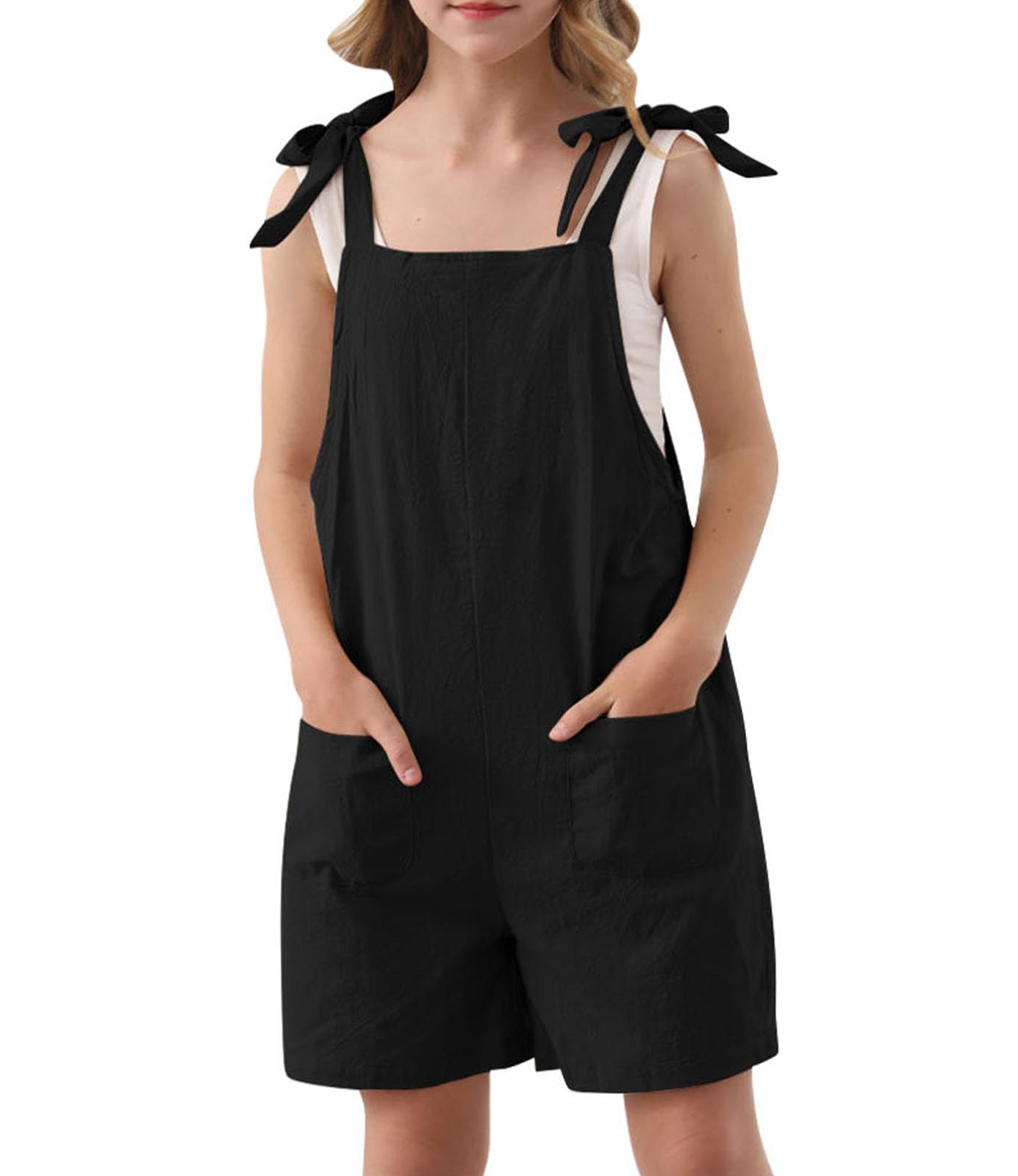 LindaninaGirls Romper Sleeveless Adjustable Tie-Up Strap Short Jumpsuits Summer Clothes with Pocket 5-12 years