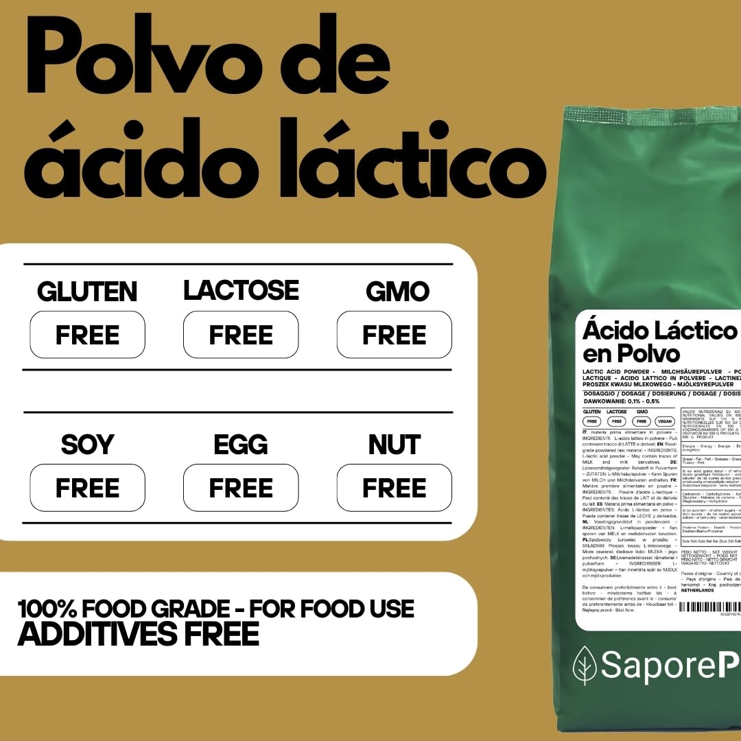 SaporePuro Ácido Láctico en Polvo 1 kg – Pura Calidad Alimentaria – Para Panificación, Lácteos, Bebidas Fermentadas y Uso Cosmético