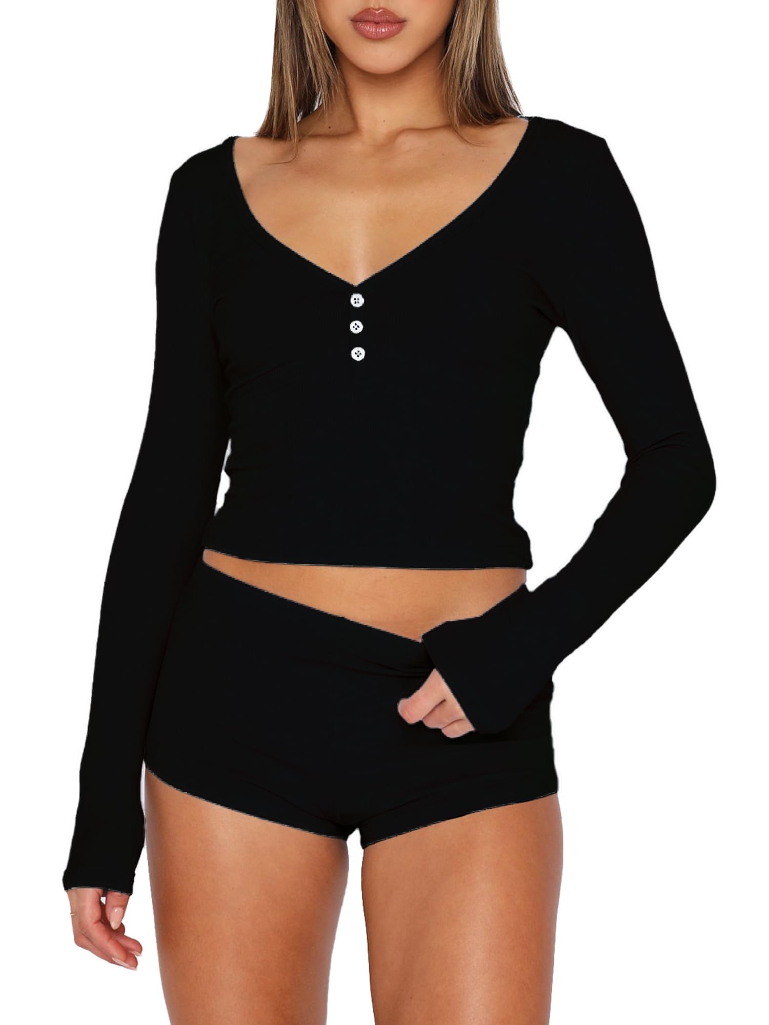 ForeFair Women 2 Piece Ribbed Knit Pajama Set Button Long Sleeve Tops and Shorts Lounge Sweatsuits Y2k Sleepwear PJ Set