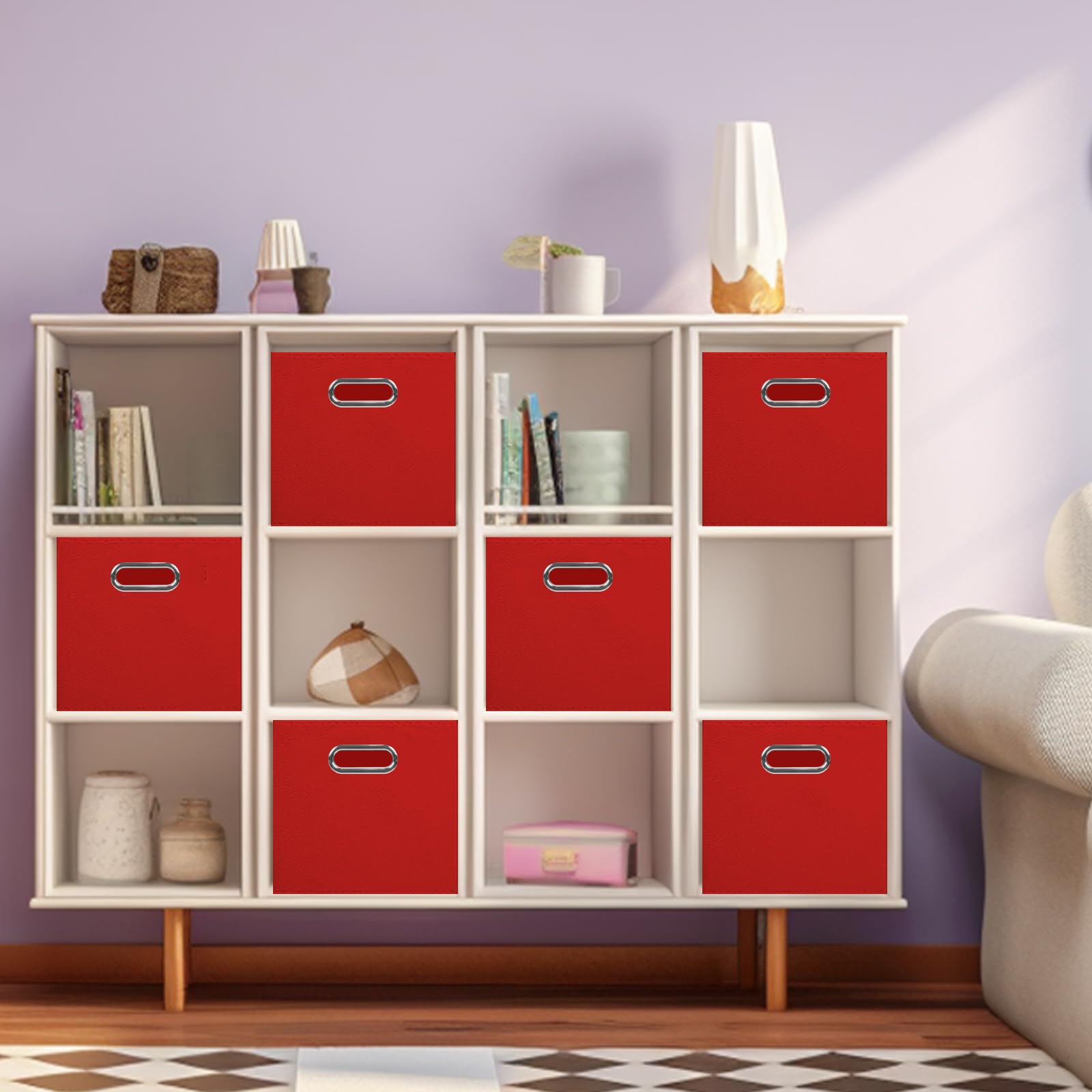 powerking Contenitore contenitore di stoccaggio in tessuto, 6 Pack pieghevole panno di stoccaggio Cube Organizer Cassetto con maniglia in metallo per armadio e giocattoli di stoccaggio, Rosso
