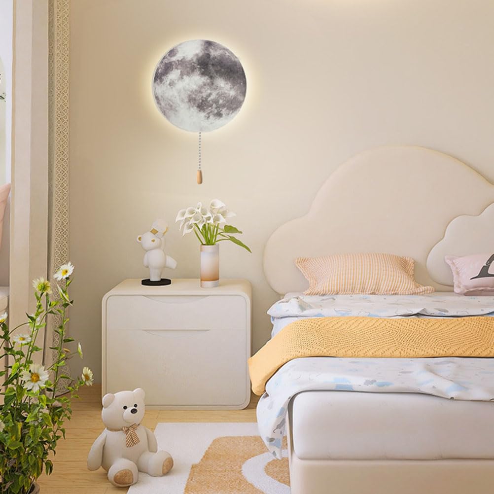 EaEa Wandlampe Mond Kinderzimmer LED Batterien Wandleuchte mit Zugschalter 3 Farbtemperaturen Kabellose Nachtlicht Wand Moonlampe für Kinder Madchen Junge Baby Schlafzimmer Nachttischlampe