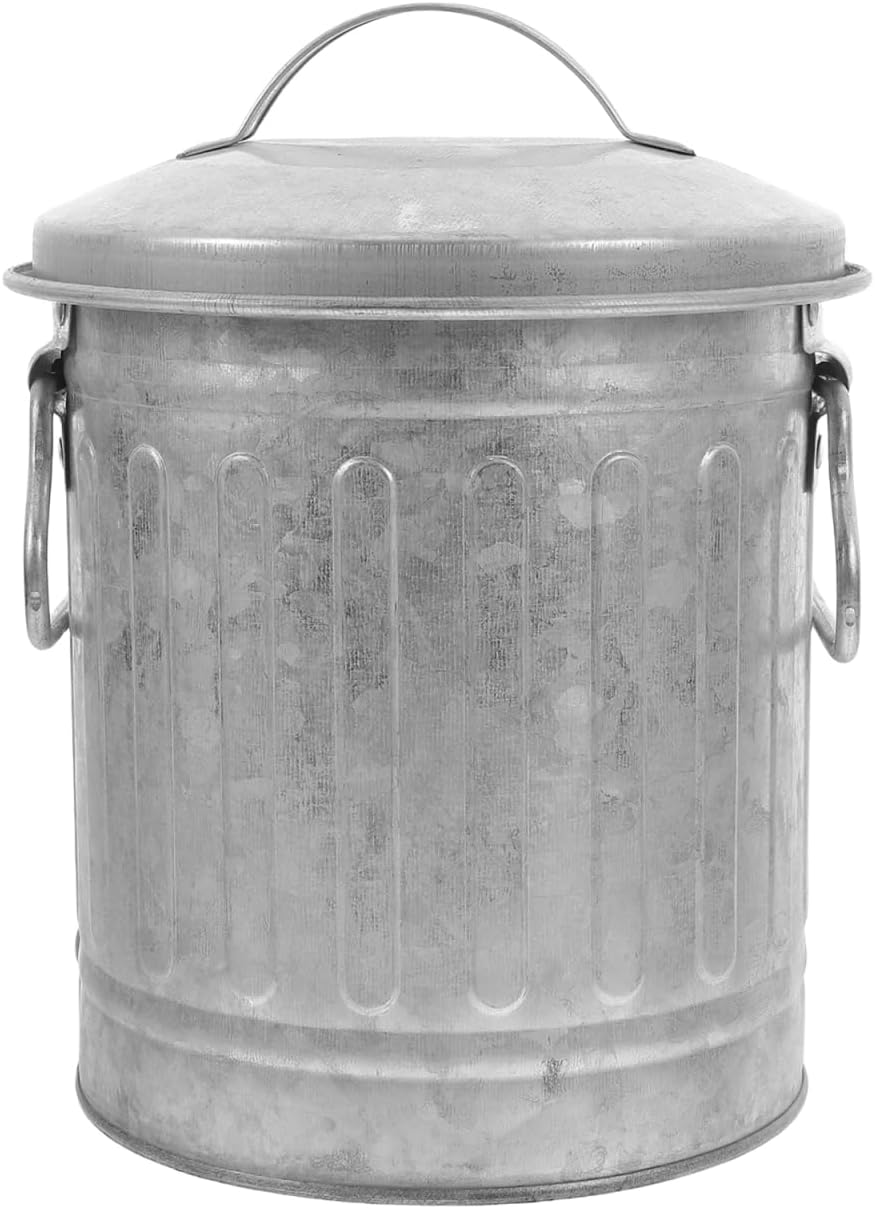 Bucket Shaped Garbage Can Mini Galvanized Metal Trash Can with Lid Small Countertop Compost Bucket for Kitchen, Office Desk, Vanity & Flower Pot (Silver, 18.5cm