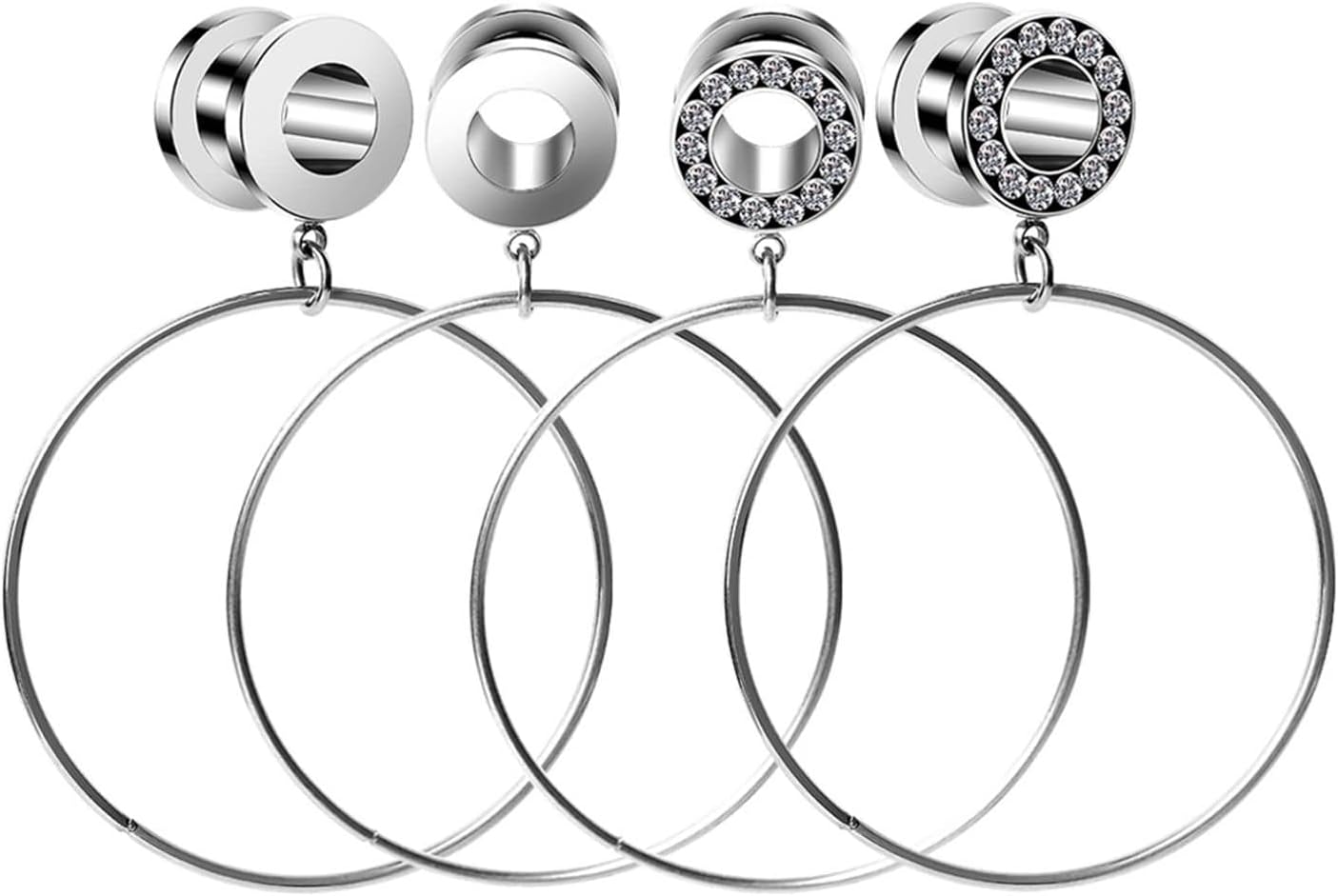 Daesar 4PCS Gauge Expander, Dangle Ear Gauges 00G 10mm Big Hoop Cubic Zirconia Ear Gauges Surgical Steel Body Piercings Jewelry