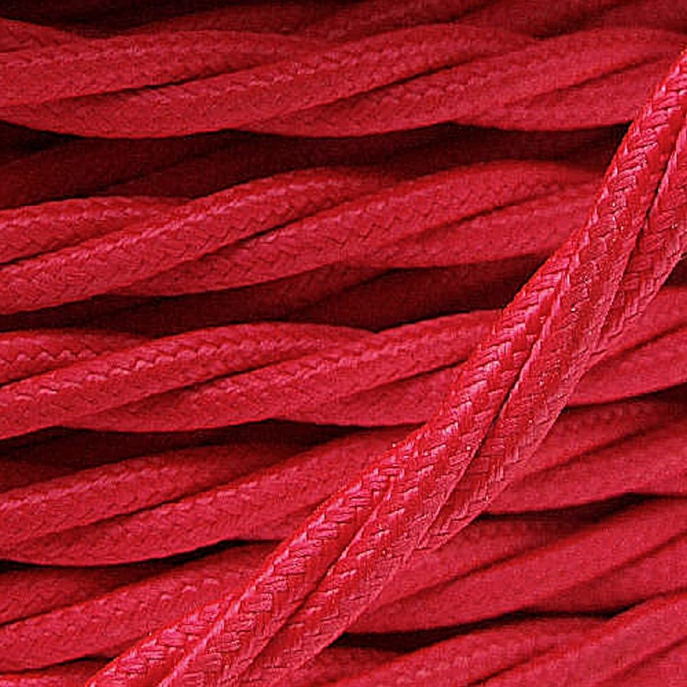PRE-CUT 3 Meter Length Vintage Styled British Bright Red Coloured Cloth Covered Braided Twist Flex - Electric Cable 3 Core; Electrical Wire 3Amp; Lighting Flex 0.50mm