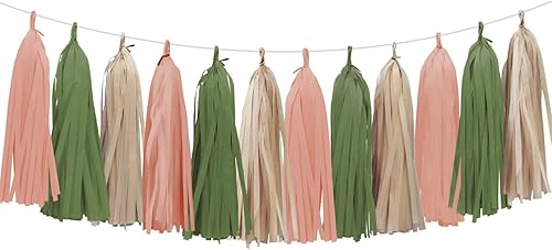 Miniatura 7 de Guirnalda de borlas verde salvia para decoración de baby shower, decoración retro verde para fiestas, safari, cumpleaños, 15 unidades
