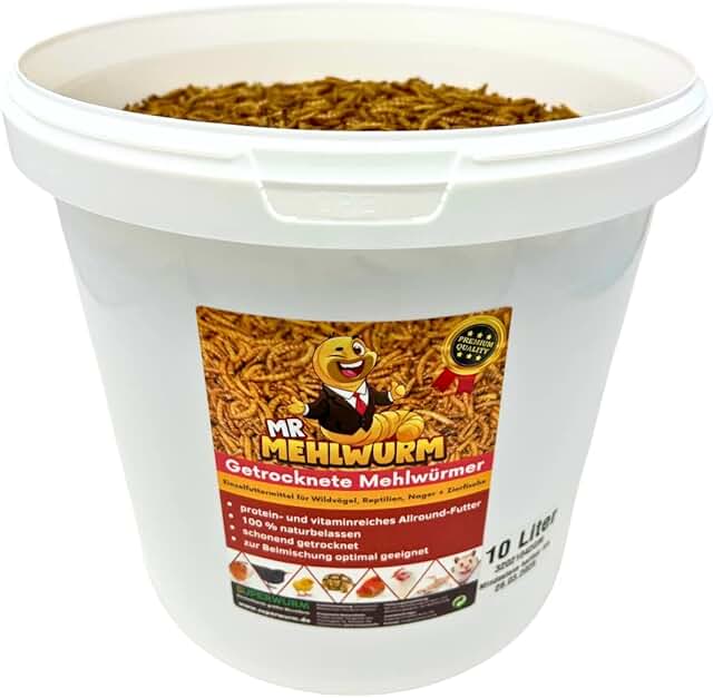 Mr. Mehlwurm 10 Liter getrocknete Mehlwürmer im Eimer (ca. 1,6 kg)- getrocknete Insekten - Top Premium Qualität, GRATIS Versand mit DHL - Futter Snack product image