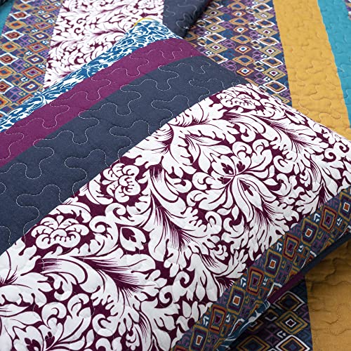 Image of Lush Decor Boho Stripe Reversible Cotton Quilt 3-Piece Set, King, Plum & Yellow - Bold Colorful Bohemian Bedding Set