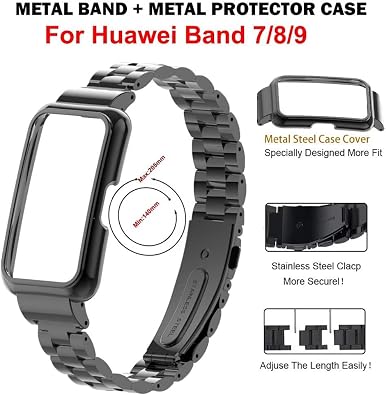 Compatible for Huawei Band 10/9/8/7 Bands,Stainless Steel Metal Replacement Strap Bracelet with Metal Frame for Huawei Band 7/8/9/10 Woman Man