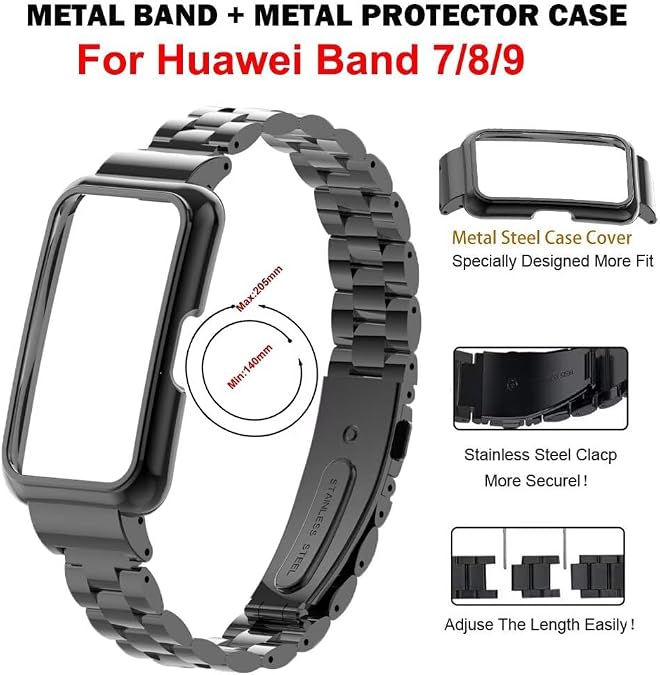 Compatible for Huawei Band 10/9/8/7 Bands,Stainless Steel Metal Replacement Strap Bracelet with Metal Frame for Huawei Band 7/8/9/10 Woman Man