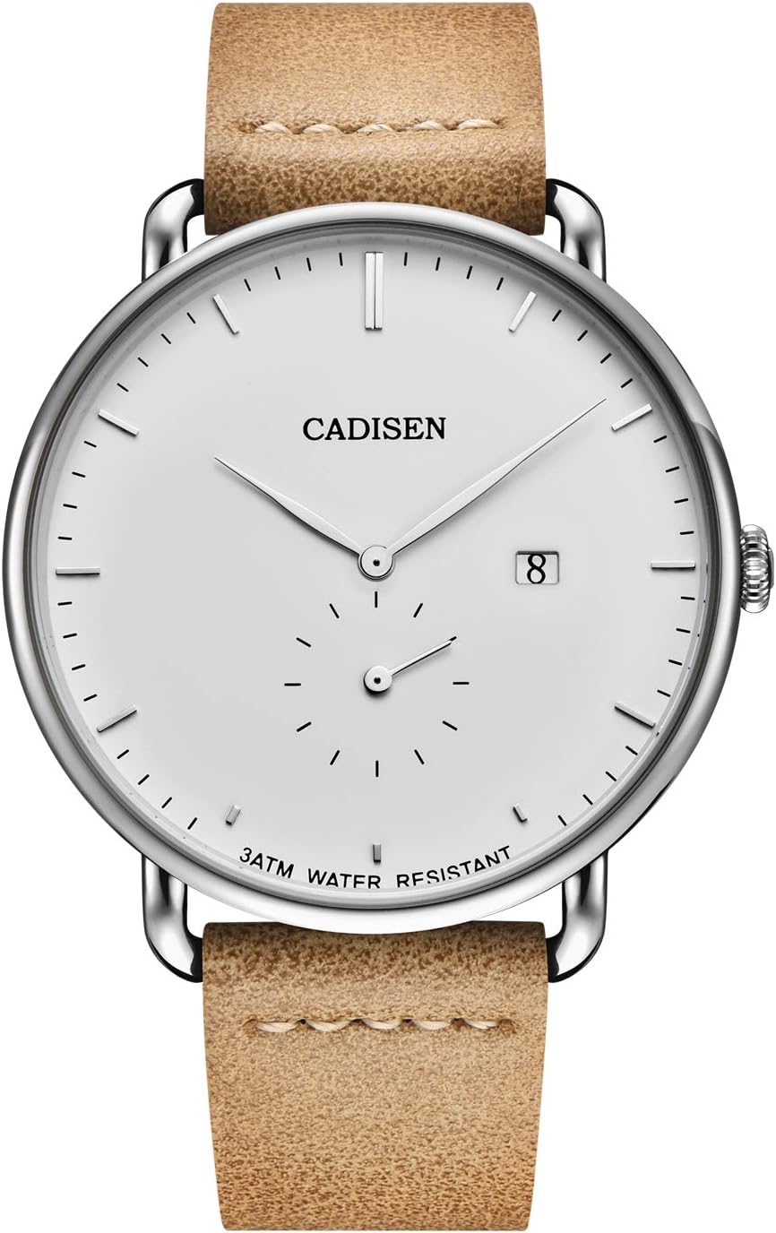CADISEN Watches for Man Minimalist Fashion Waterproof Calendar Business Casual Mens Wrist Watches with Brown Leather Strap