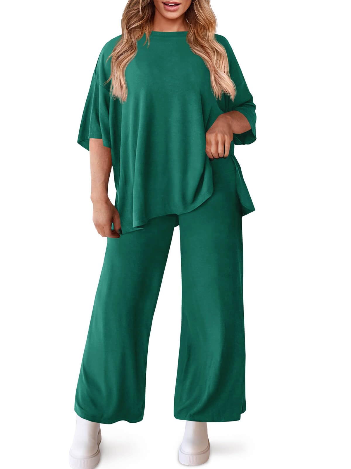 Beautife Womens Plus Size Lounge Sets Short Sleeve Tops Wide Leg Pants 2 Piece Outfits Tracksuit with Pockets