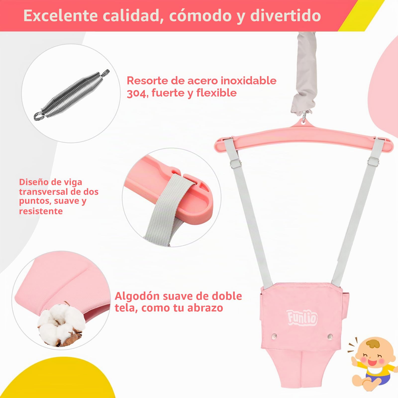 FUNLIO Saltador de puerta con soporte para bebé （6-24 meses) juego de ejercicio de columpio para jugar en interiores/exteriores para bebé niña/niño, con cadena ajustable, fácil de montar - Rosa