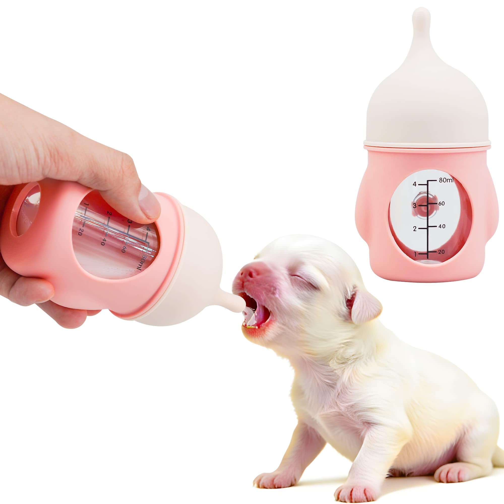 Puppy Nursing Bottle Medium/Large 80ml, Silicone Nipple Feeding Bottle for Newborn Puppies (2–6 Weeks), Pink