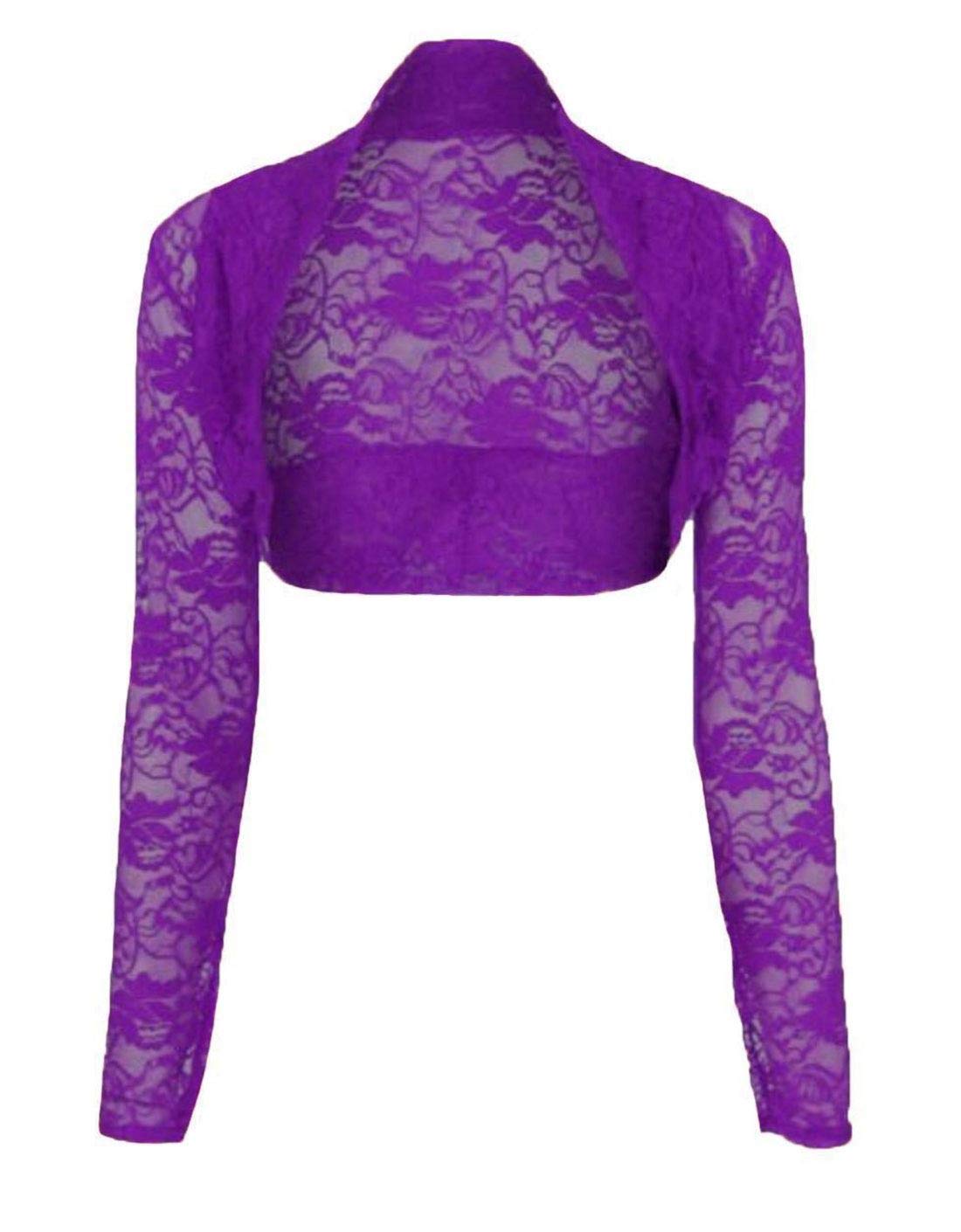 Fairy Trendz Women's Purple Cropped Floral Lace Bolero Shrug Long Sleeve Open Cardigan Crop Top