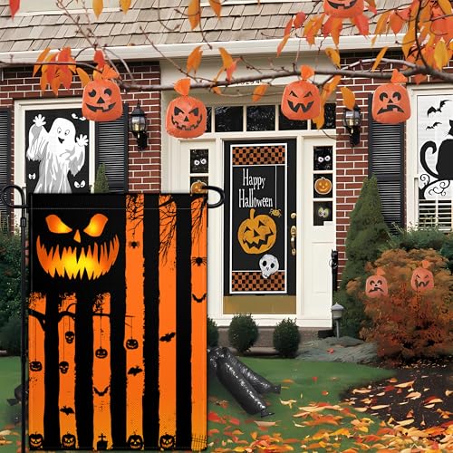 Halloween Garden Flag for Outside 12×18 Inch Double Sided Scary Pumpkin Garden Flag Skeleton American Flag for Indoor House Outdoor Yard Holiday Decor
