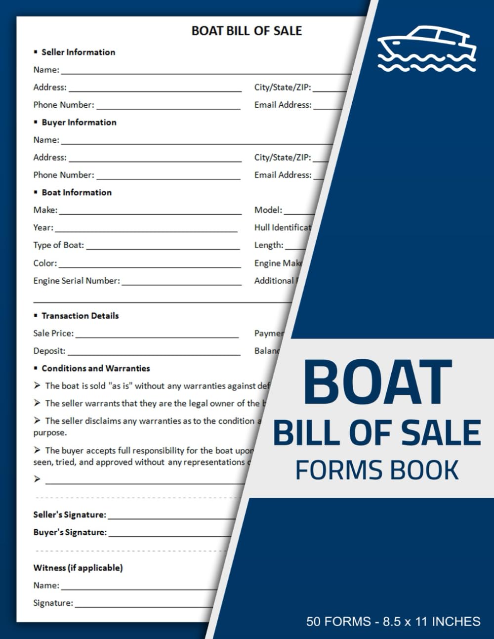 Boat Bill of Sale Forms Book: Bill of Sale Form for Buying or Selling a Boat | 50 Forms