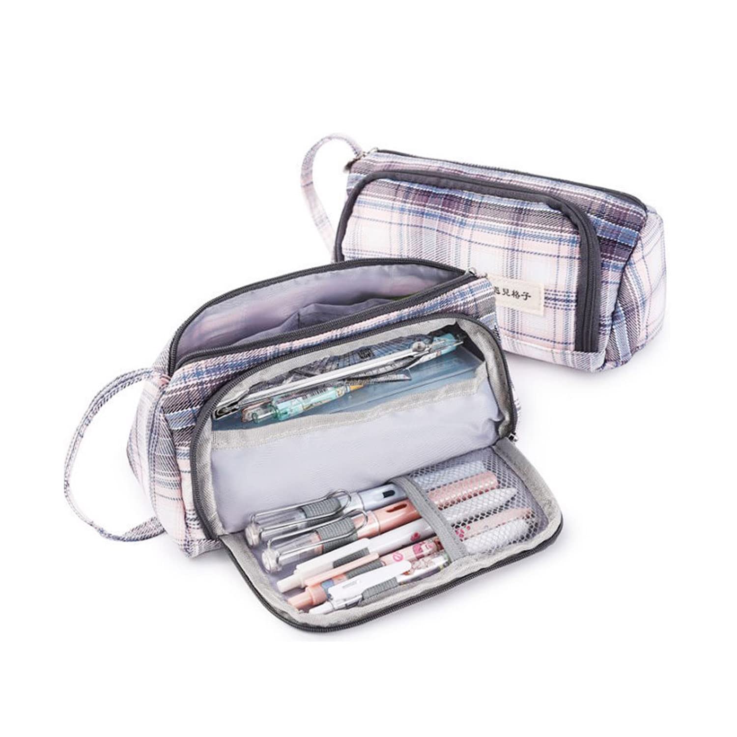 Hugewth Pencil Case,Large Capacity Pencil Pouch,Handheld Pen Bag,COSMETIC BAG,Suitable for Both Office and School, for Girl Boy Women (Gray-Pink)