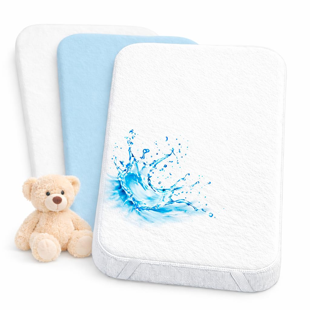 Spannbettlaken 80x160 cm + 1 wasserdichte Matratzenschoner-Auflage – Spannbettlaken 100% Baumwolle - Kompatibel mit Kinderbett Hausbett Montessori (Weiß/Himmelblau, 80 x 160 cm)