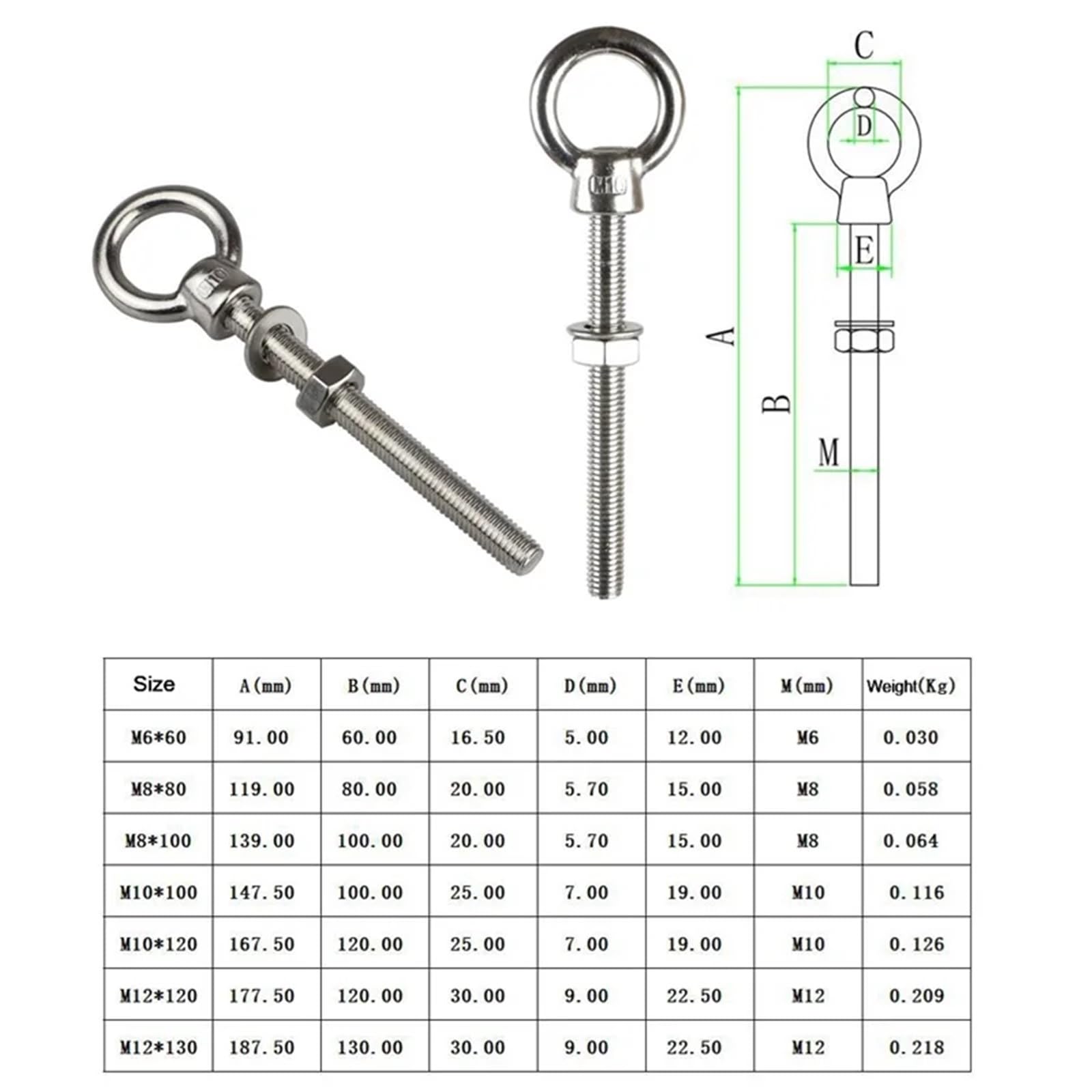 Cancamos Metalicos 5 pernos de ojo de elevación de hombro largo con orificio for anillo de tuerca, acero inoxidable 316, M6, M8, M10 y M12(M12X120)