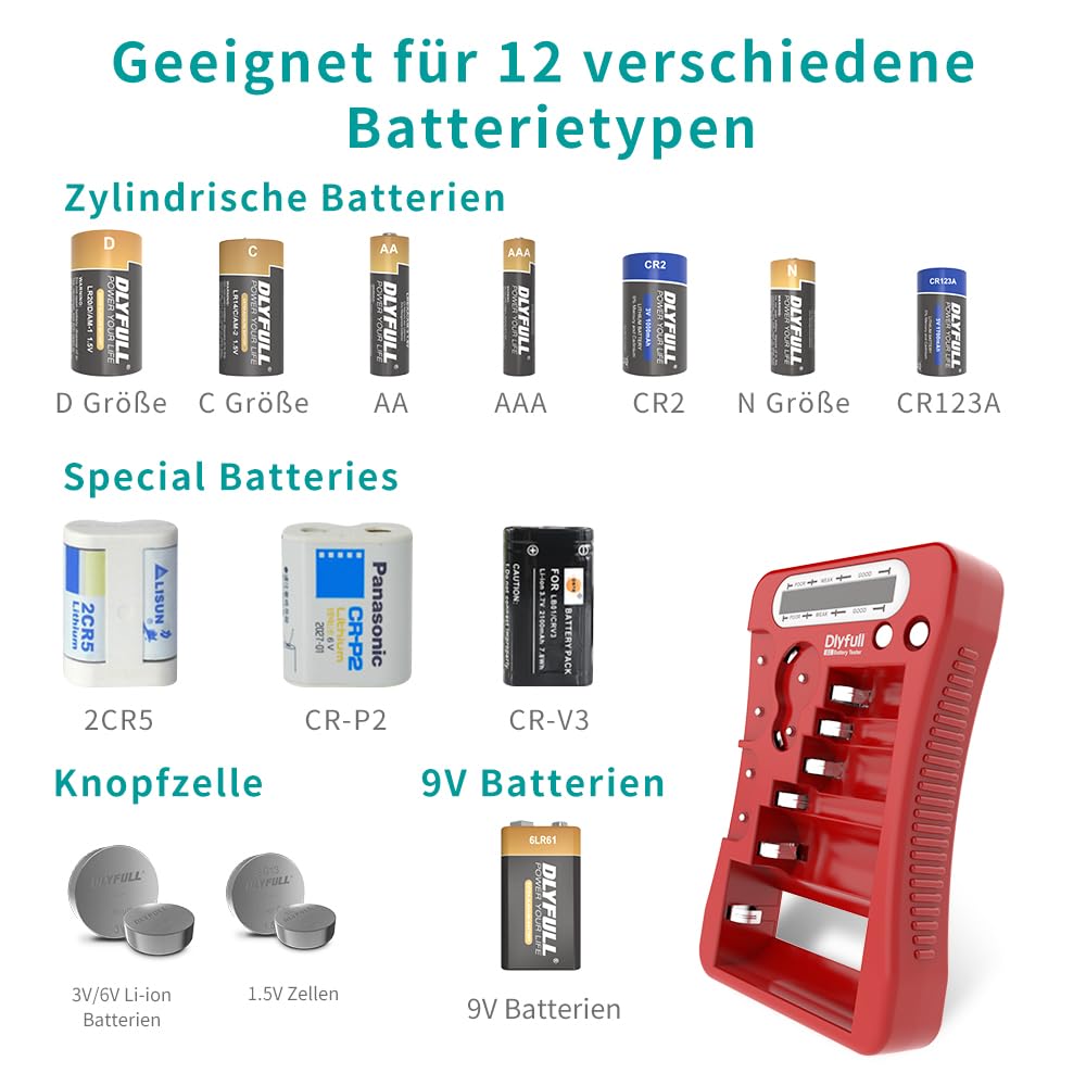 Dlyfull LCD Tester Batterie Universale per AA AAA C D 9V CR123A CR2 CRV3 2CR5 CRP2 Volt Checker Rosso