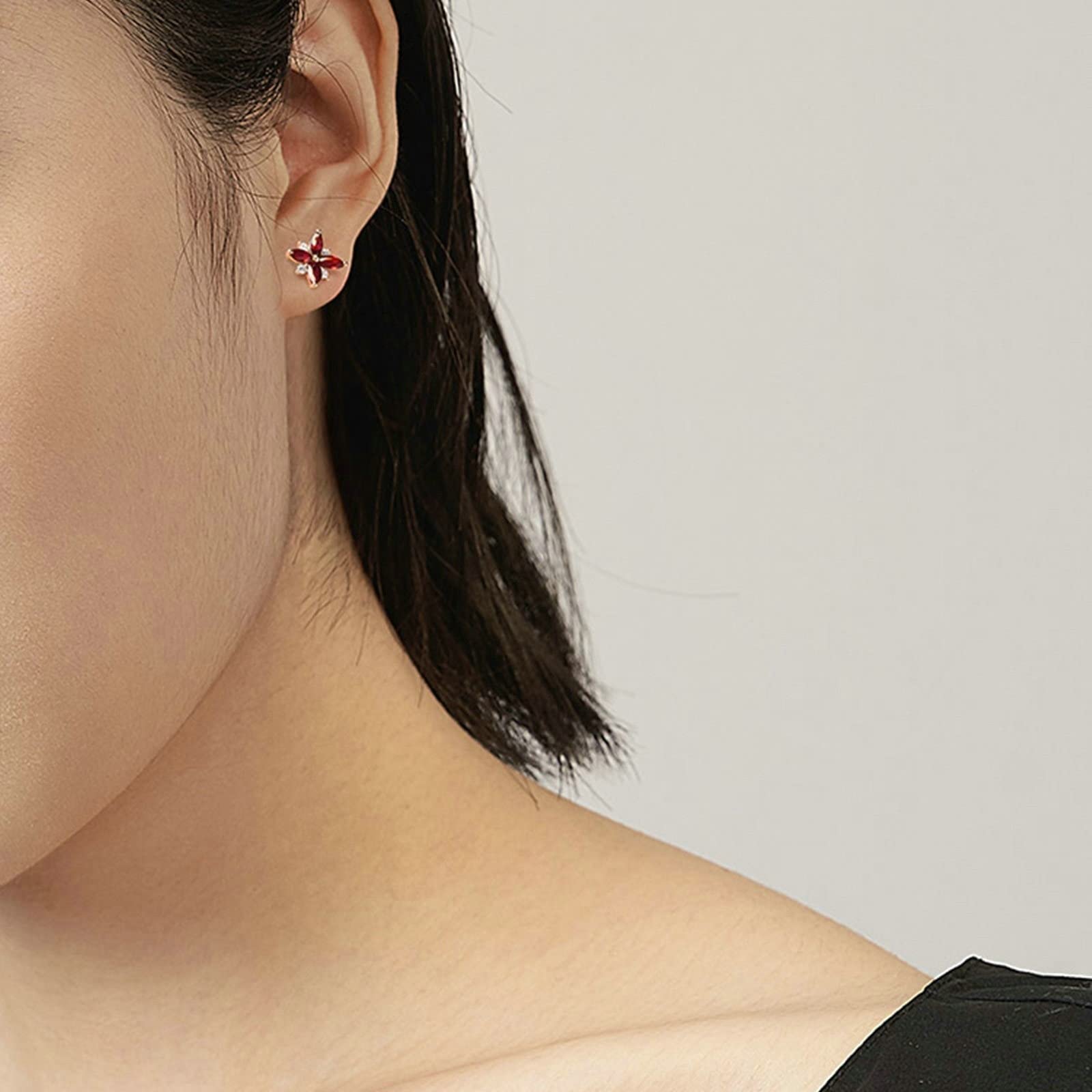 AMDXD Damen Ohrringe, 18 Karat Gold Damenohrstecker Blumen Ohrschmuck mit Rubin, Freundschaft Geschenk, Echte Goldserie