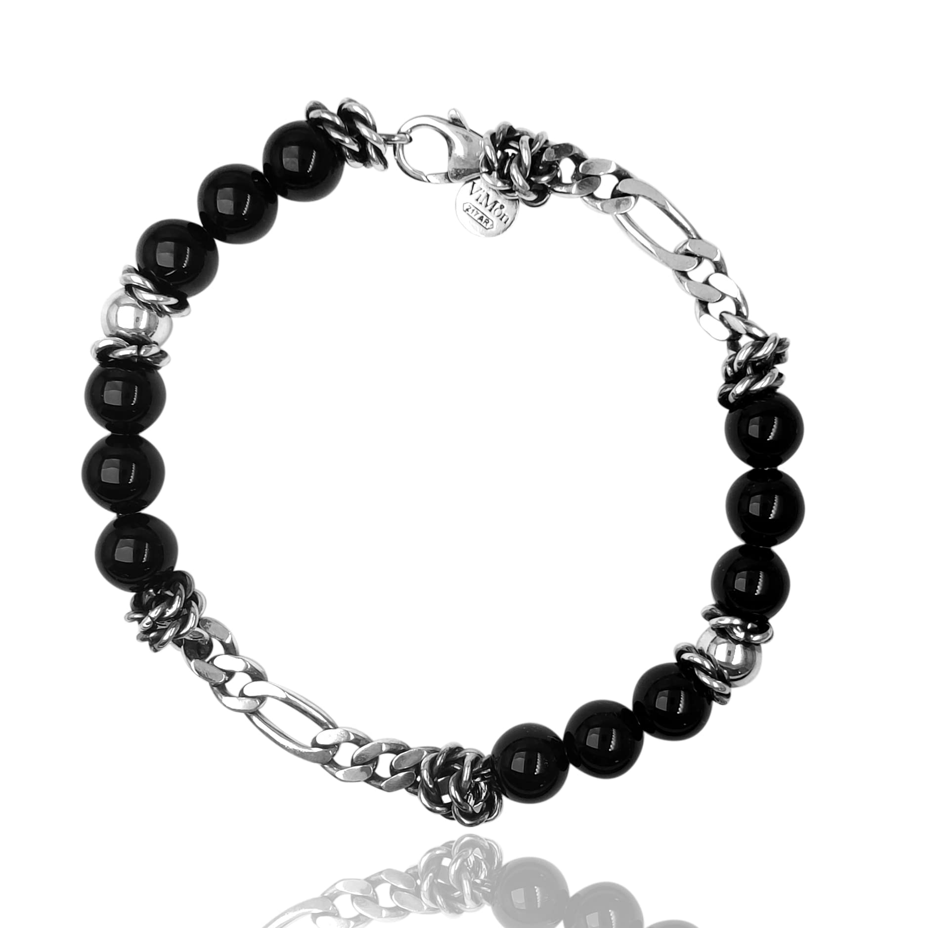 ViMon Bracciale da uomo in argento vero 925, palline nere, catena cubana a maglie alternate.