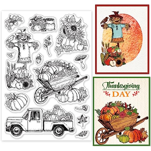 ORIGACH Autumn Harvest Clear Stamps Autumn Pumpkin Scarecrow Pickup Sunflower Leaves Transparent Silicone Stamps for Card Making Thanksgiving Scrapbooking Journal Crafting 6.3x4.3inches