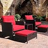 Outdoor Furniture 5 Piece Patio Conversation Set PE Wicker Rattan Lounge Chairs with Ottoman for Porch Lawn Garden Balcony Poolside Red