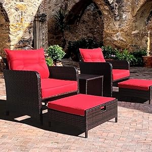 Outdoor Furniture 5 Piece Patio Conversation Set PE Wicker Rattan Lounge Chairs with Ottoman for Porch Lawn Garden Balcony Poolside Red