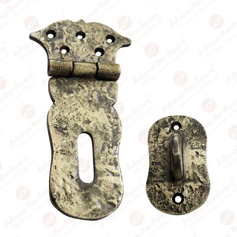 Image of Adonai Hardware inchParan inch Heavy Duty Cast Iron Safety Locking Hasp and Staple (6 inch x 1 Pack, Antique Brass) for Vintage Pirates Treasure Chest, Trunks, Wooden Jewelry Box, Cases, Furniture and Sheds