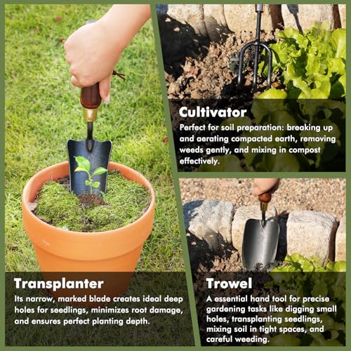RESTMO 3-in-1 Heavy Duty Gardening Tools Kit, Premium Carbon Steel Garden Tools with Ergonomic Wooden Handle Includes Trowel, Transplanter, and Cultivator, Ideal Gardening Gifts for Women, Gardener - Image 6
