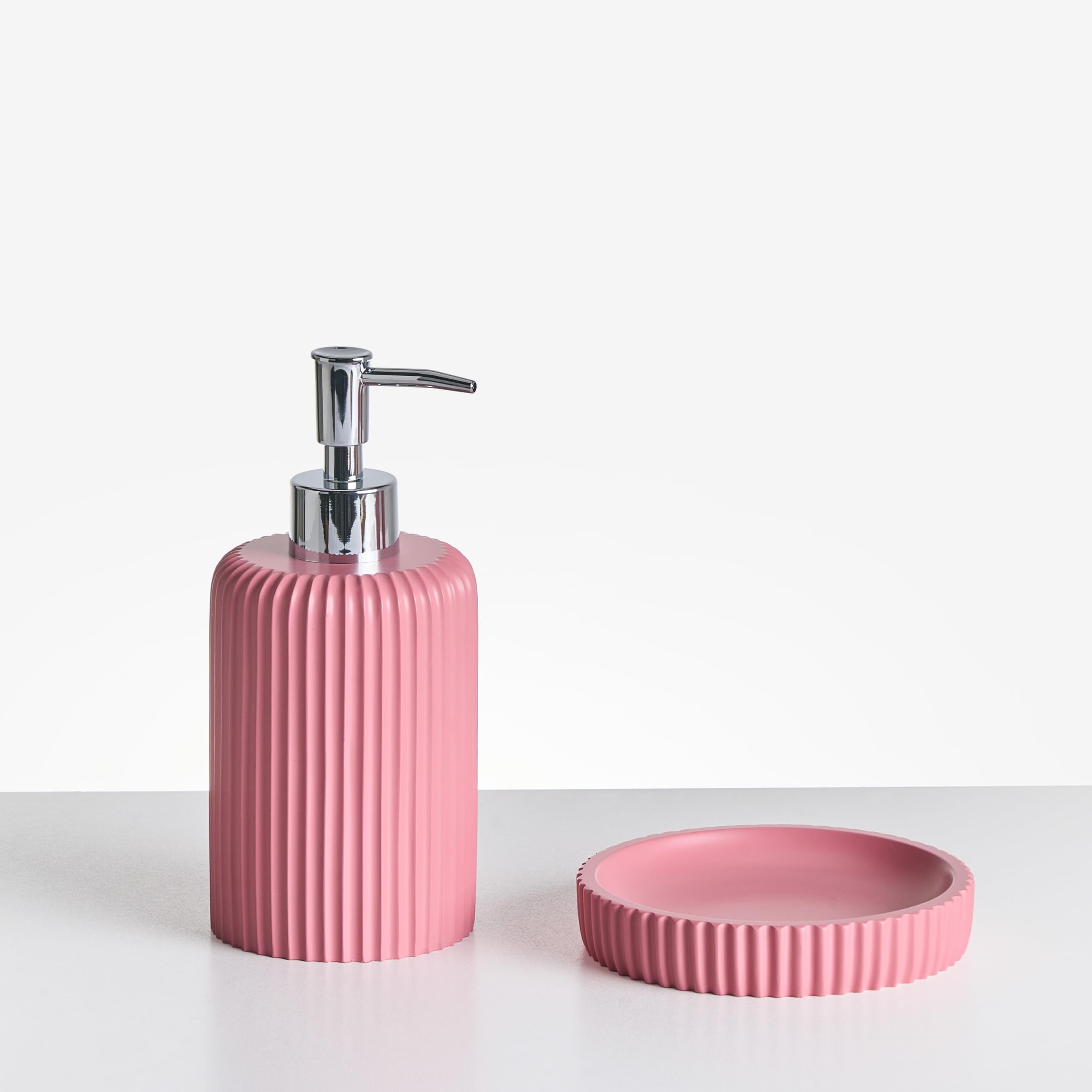 Conjunto de 5 Accesorios de baño jabonera dispensador de jabón escobilla de Inodoro Vaso Soporte para cepillos de Dientes Rosa Camana