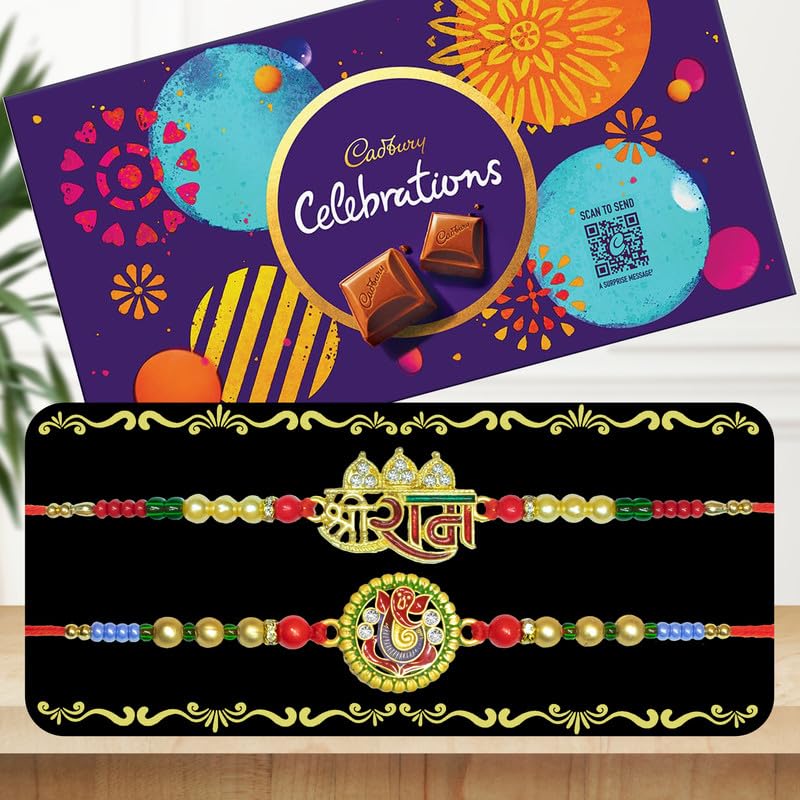 Image of Canton Rakhi Combo Gift Hamper Pack of 2 Rakhi For Brother With Chocolate, Rakhi With Cadbury, Greeting Card & Roli Tilak (Design-17, 2 Rakhi With Celebration)