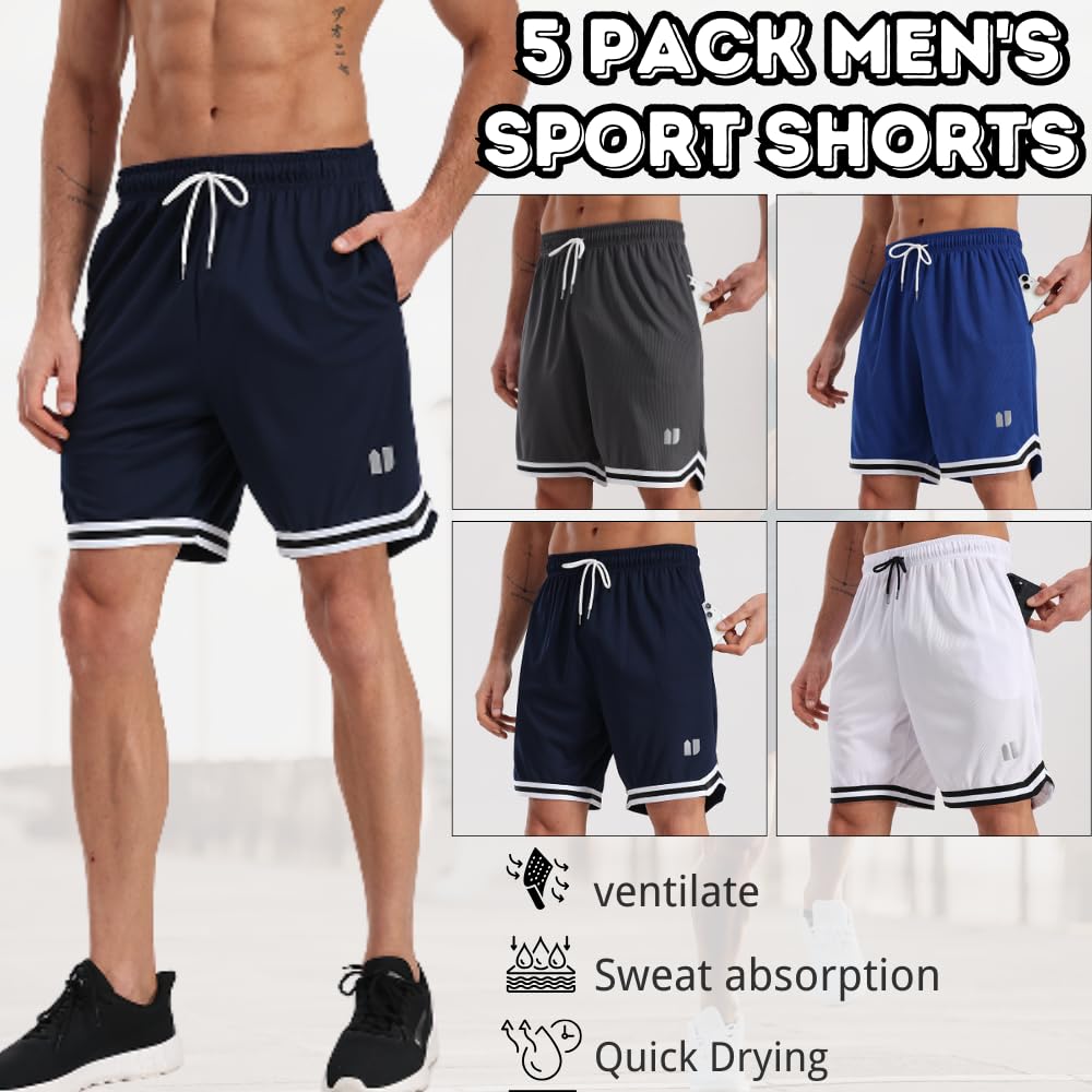 Paquete de 5 pantalones cortos deportivos para hombre, de secado rápido, para gimnasio, correr, fitness, entrenamiento, con bolsillos y cintura elástica