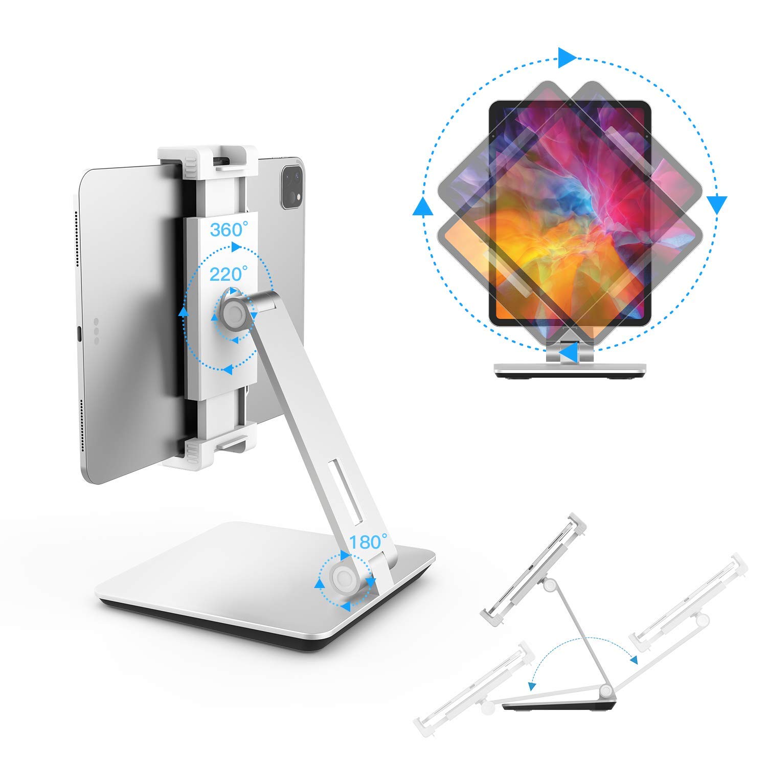 Soporte para tablet ajustable de aluminio resistente, giratorio 360°, plegable, de metal, para iPad, Samsung Tab, Kindle (4,7-13 pulgadas), color plateado