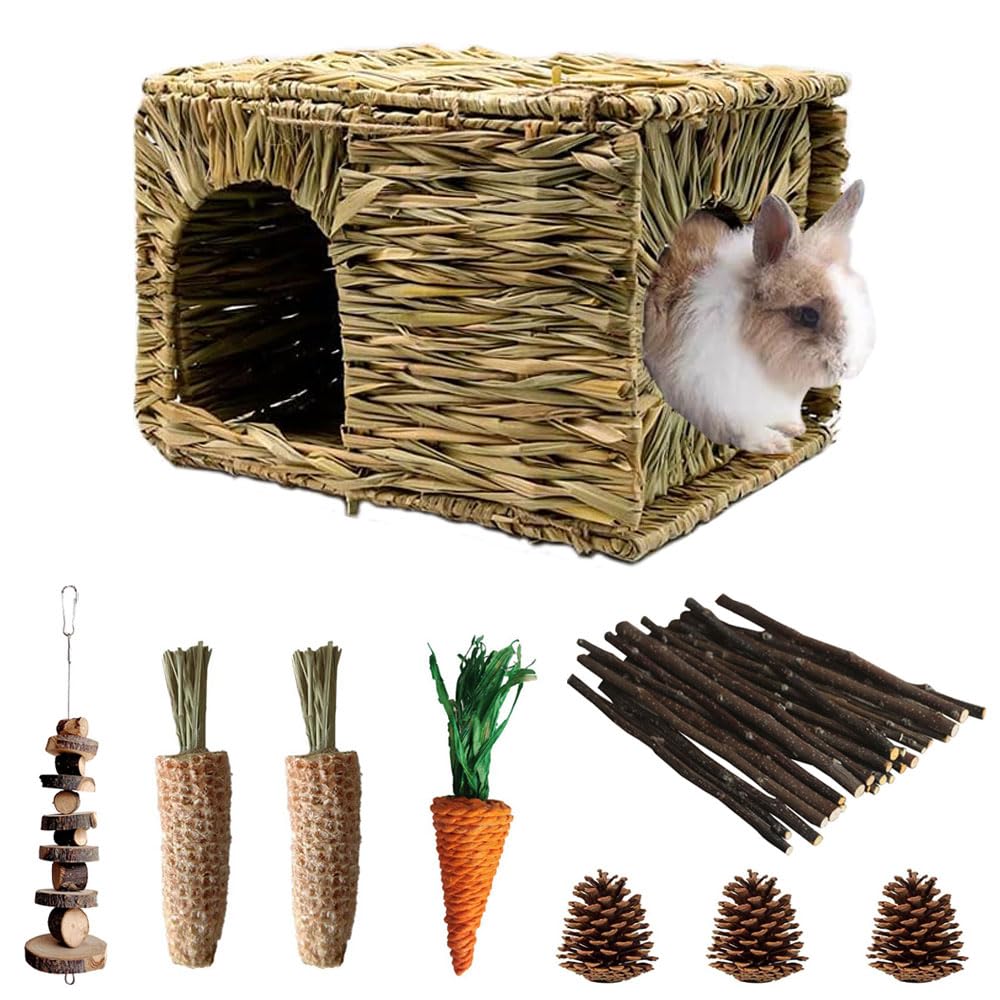 Rabbit Grass House and Hideout Foldable, Handmade Woven Hay Bed Natural Edible Grass Hut with Bunny Chew Toys, for Bunny Hamster Guinea Pig Chinchilla.