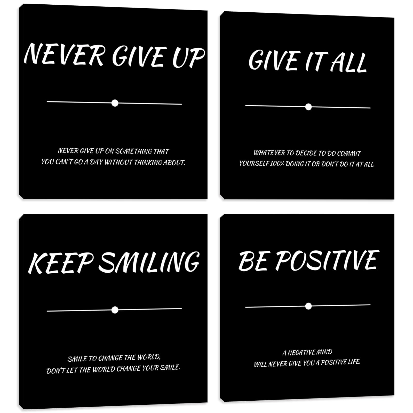 Póster motivacional para decoración de pared, color negro, inspirador, decoración de pared de oficina, 4 piezas, lienzo enmarcado positivo, arte de pared para dormitorio, sala de estar, impresiones