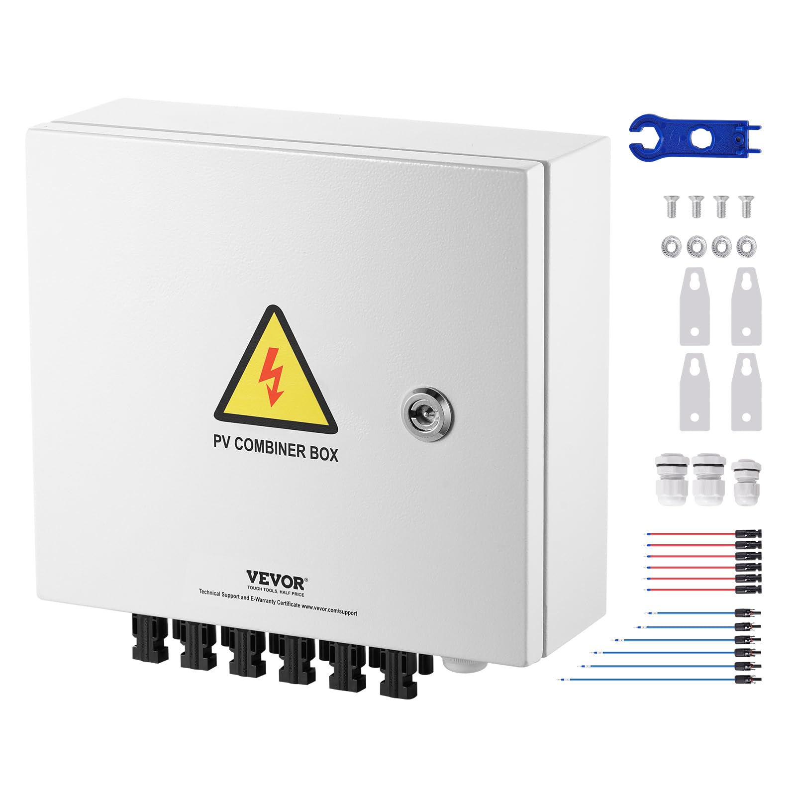 VEVOR Boîte de combinaison PV, 6 chaînes, boîte de combinaison solaire avec fusible de courant nominal 10 A, disjoncteur 63 A parafoudre, en acier pour système de panneaux solaires marche/arrêt, IP65