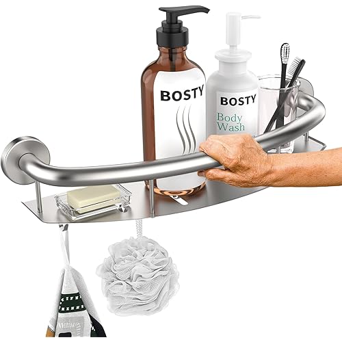 Satin Brushed Nickel Shower Grab Bar w/Storage Shelf 18 Inch, Zepolu Stainless Steel 2-in-1 Shampoo Shelf Grab Bar, Wall Mount Safety Balance Bar for Bathroom Support Handrail Assist Handle for Senior